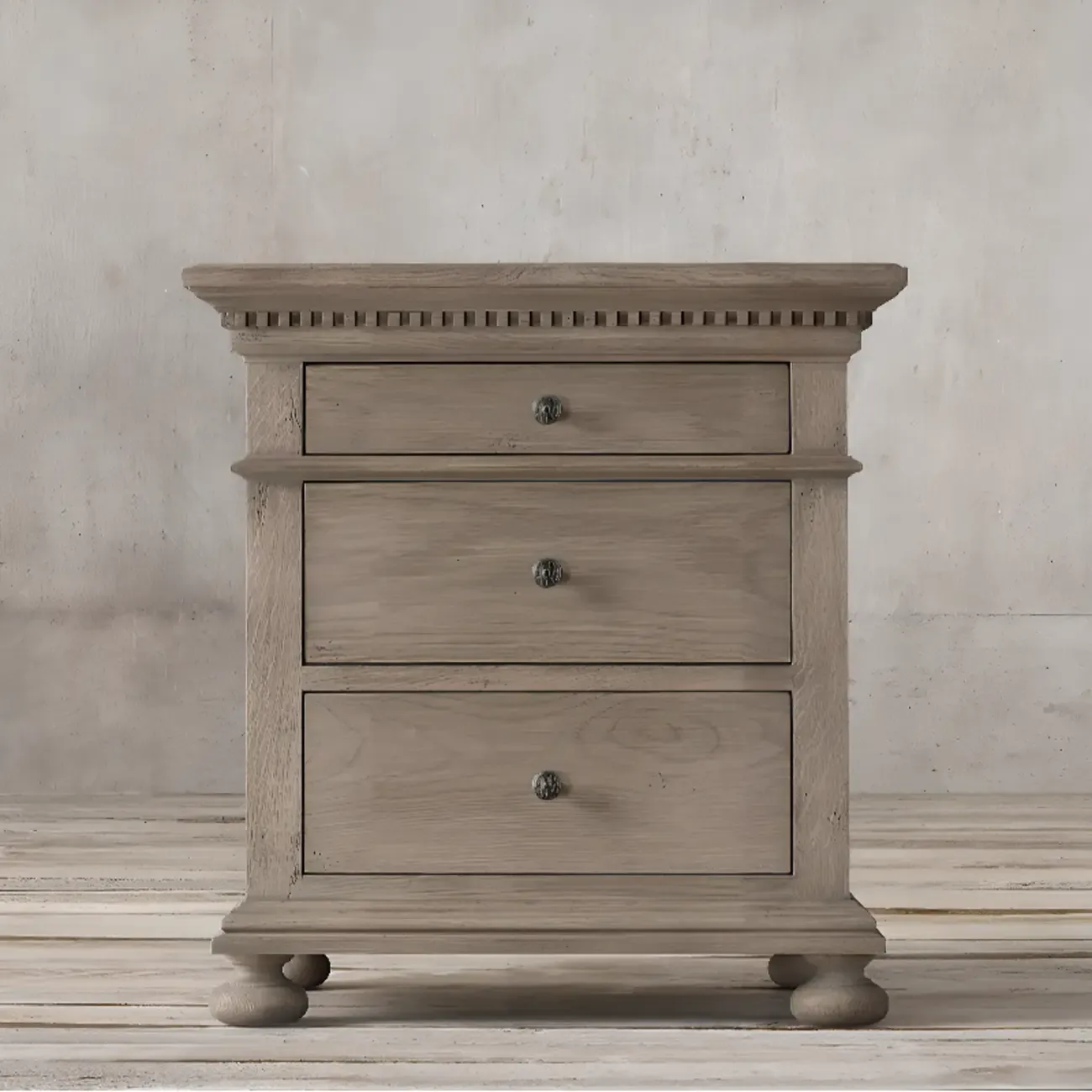 Traditional Grey Wooden Bedside Table with 3 Drawers Storage Image - 3