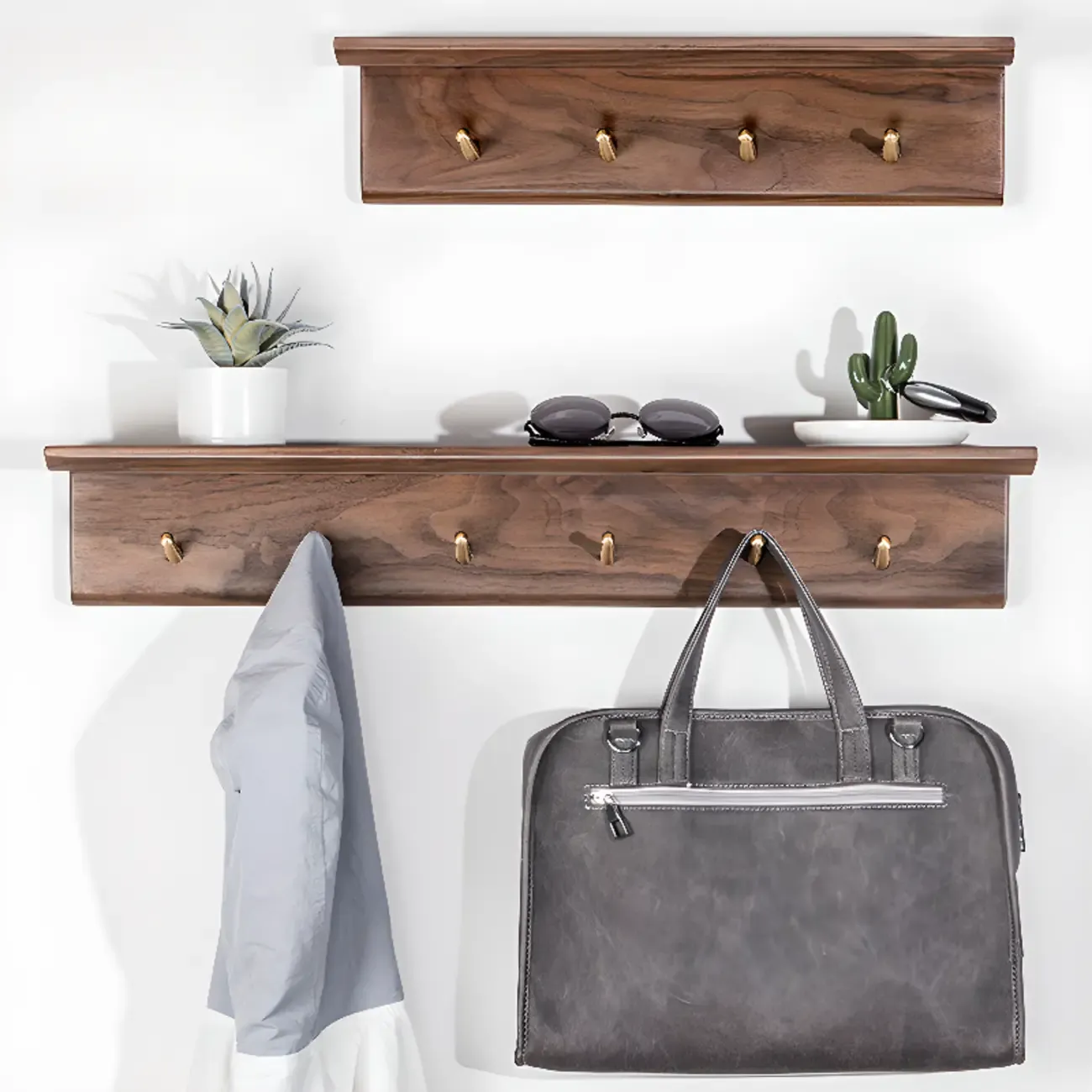 Rustic Wooden Brown Wall-Mounted Coat Rack with Shelves Image - 1