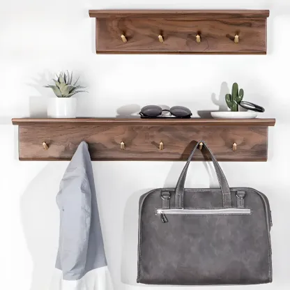 Rustic Wooden Brown Wall-Mounted Coat Rack with Shelves Image - 1