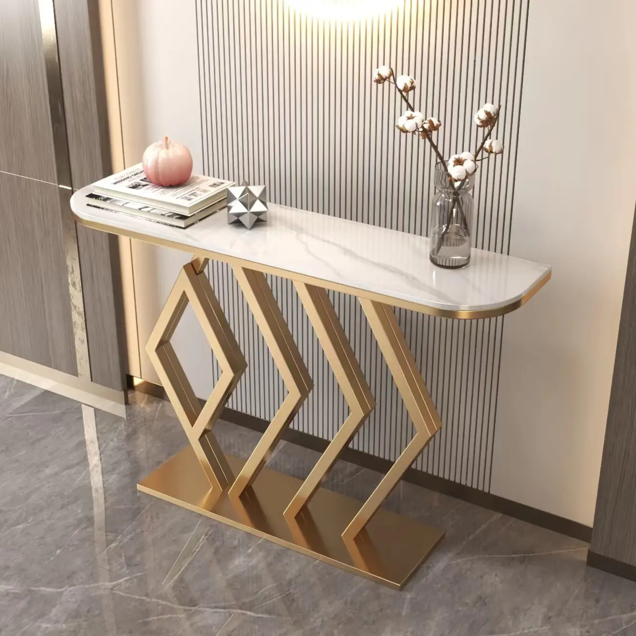 Narrow Half-circle Console Table with Geometric Base Image - 1 | homeyfad