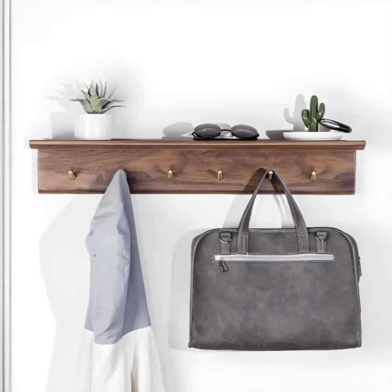 Rustic Wooden Brown Wall-Mounted Coat Rack with Shelves Image - 4