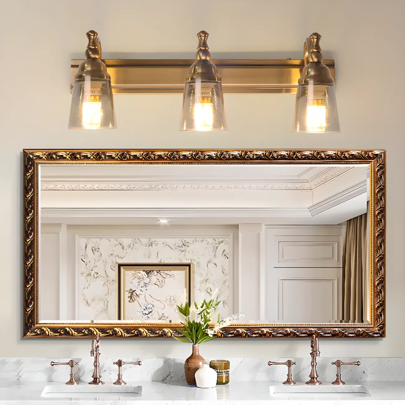 Elegant Brass Geometric Vanity Lamps Above Mirror Image - 1 | homeyfad