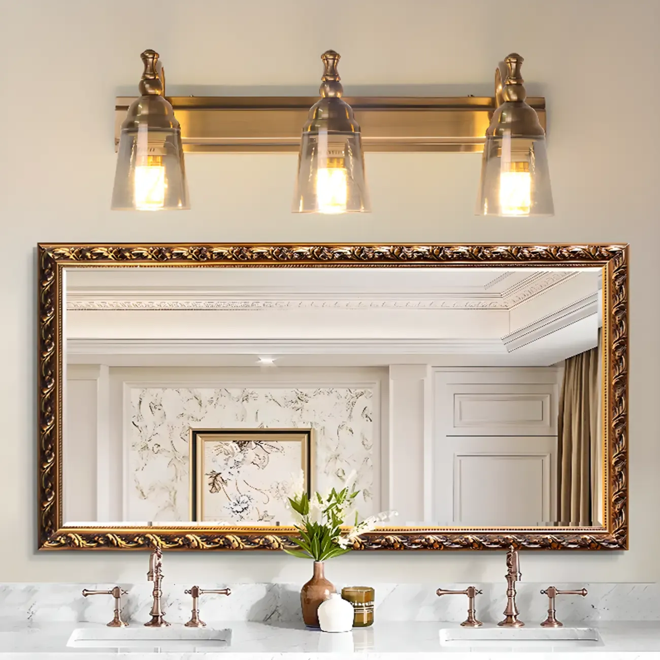Elegant Brass Geometric Vanity Lamps Above Mirror Image - 1