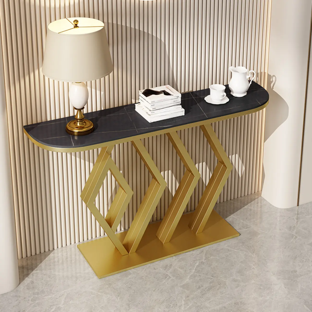 Narrow Half-circle Console Table with Geometric Base Image - 2 | homeyfad