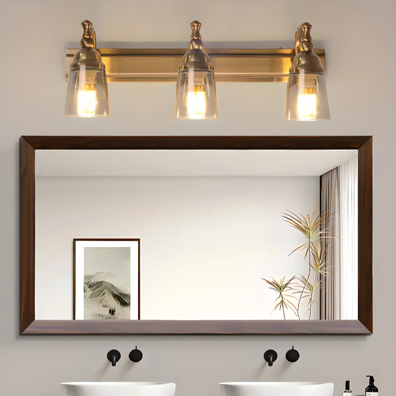 Elegant Brass Geometric Vanity Lamps Above Mirror Image - 2 | homeyfad