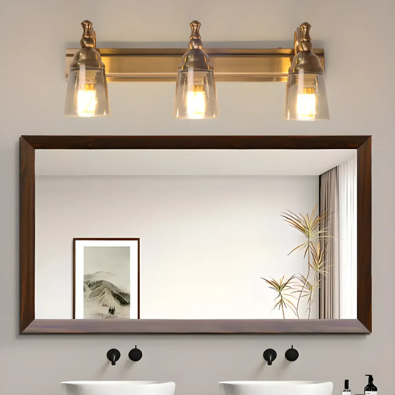 Elegant Brass Geometric Vanity Lamps Above Mirror Image - 2