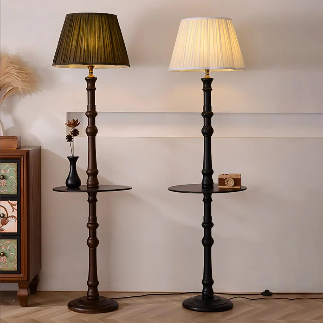 Elegant Wooden Floor Lamp with Shelf and Fabric Shade Image - 1 | homeyfad