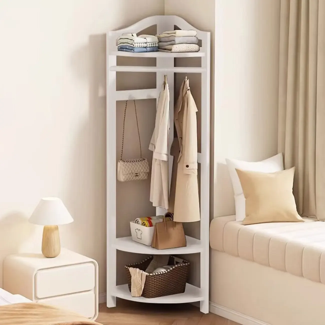 Modern Wooden Corner Coat Rack with Shelves and Hooks Image - 1