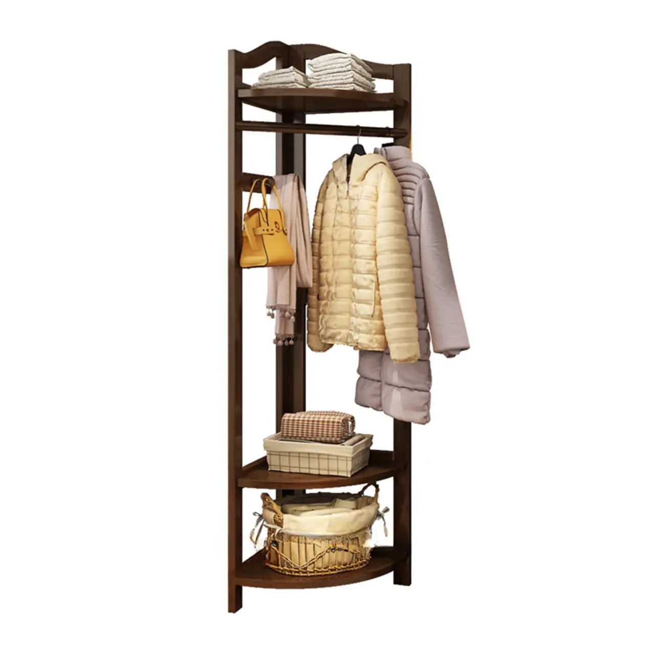 Modern Wooden Corner Coat Rack with Shelves and Hooks Image - 2 | homeyfad