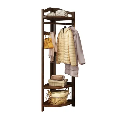 Modern Wooden Corner Coat Rack with Shelves and Hooks Image - 2