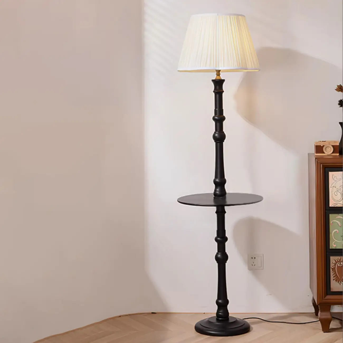 Elegant Wooden Floor Lamp with Shelf and Fabric Shade Image - 2 | homeyfad