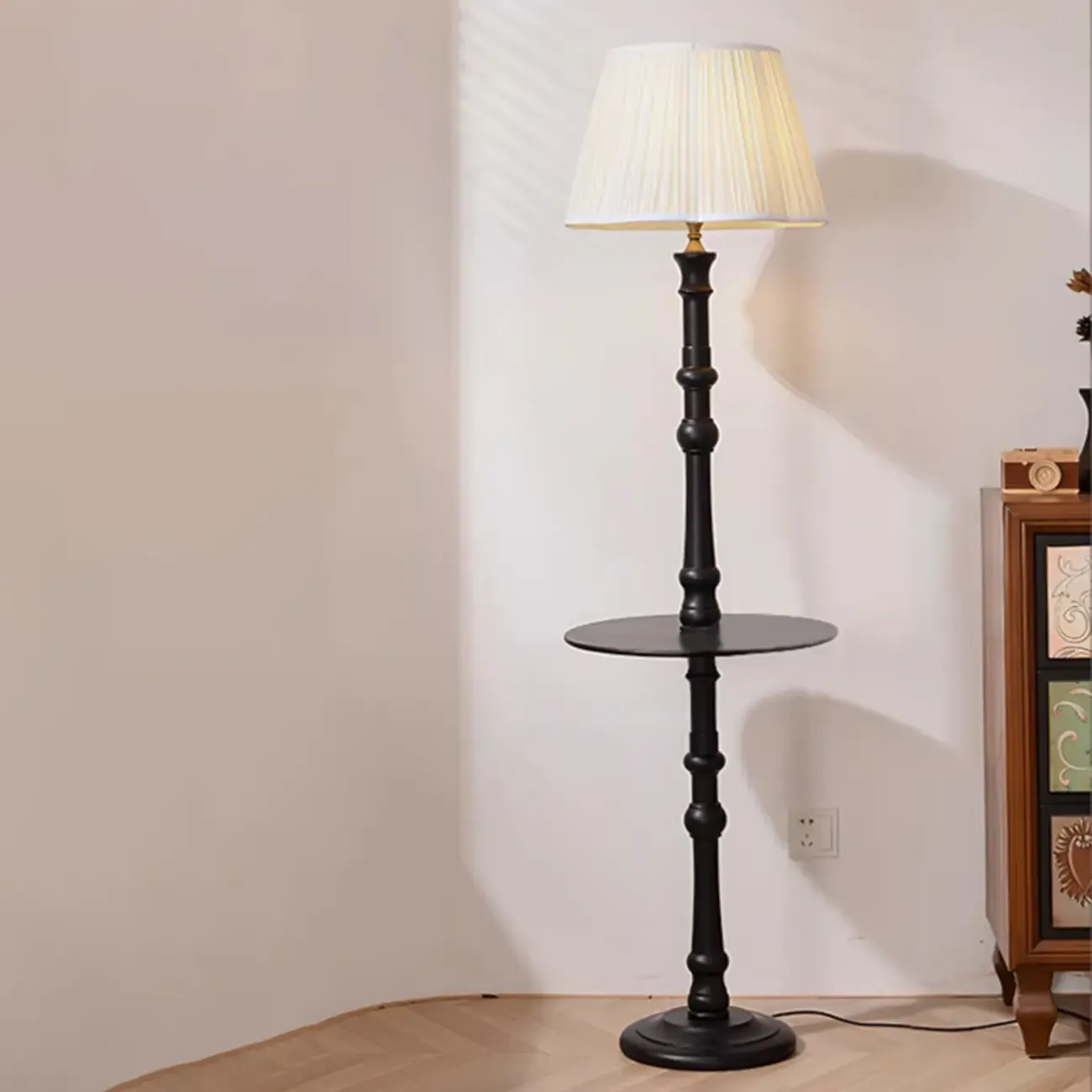 Elegant Wooden Floor Lamp with Shelf and Fabric Shade Image - 2
