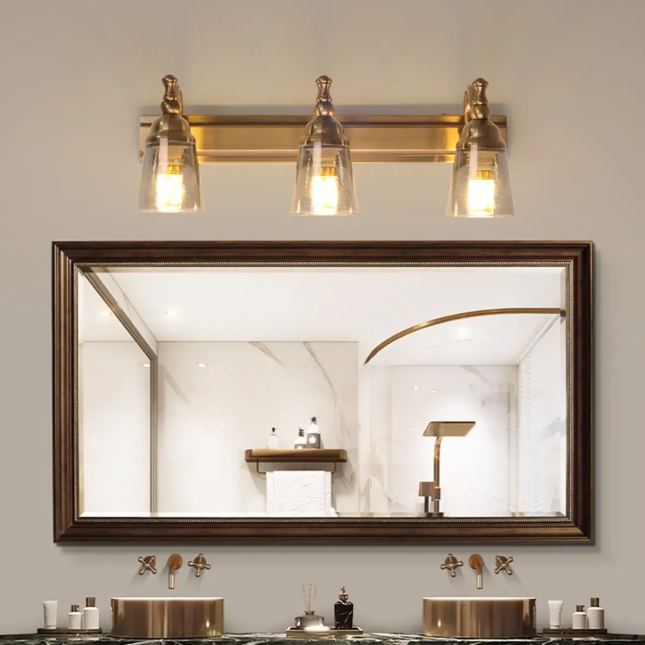 Elegant Brass Geometric Vanity Lamps Above Mirror Image - 3