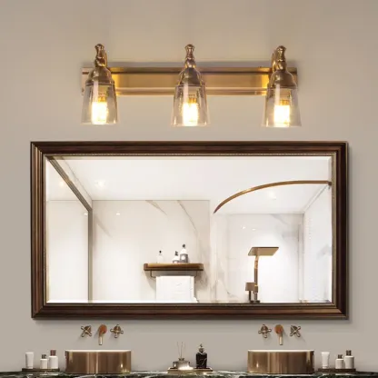 Elegant Brass Geometric Vanity Lamps Above Mirror Image - 3