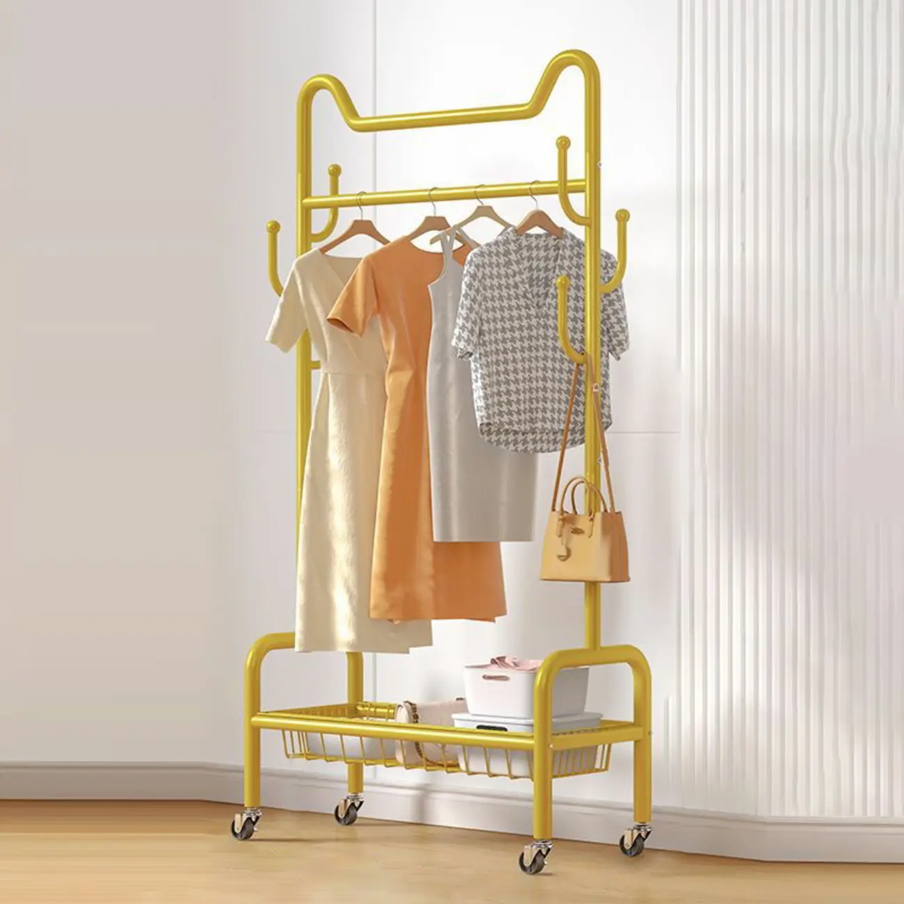Glam Metal Coat Rack with Storage and Wheels Image - 2 | homeyfad