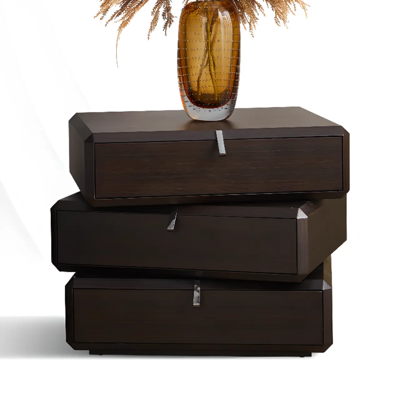 Modern Dark Walnut Wood Bedside Table with 3 Drawers Image - 1 | homeyfad