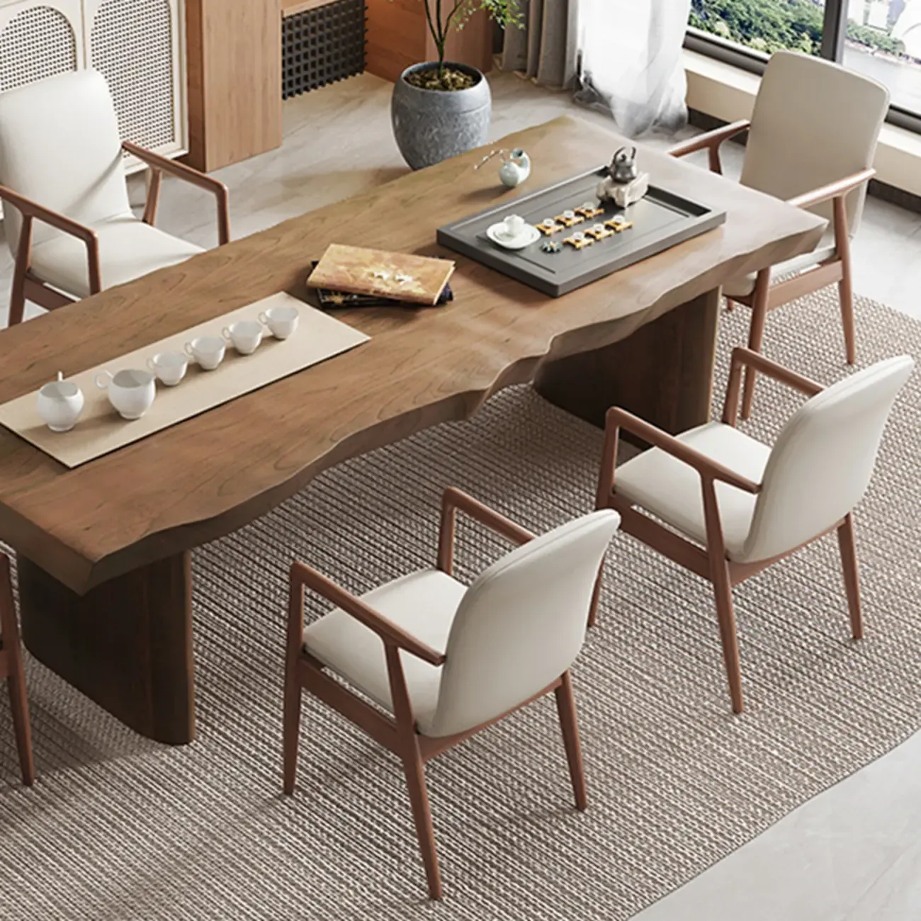 Modern Wood Faux Leather Upholstered Dining Armchair Image - 1
