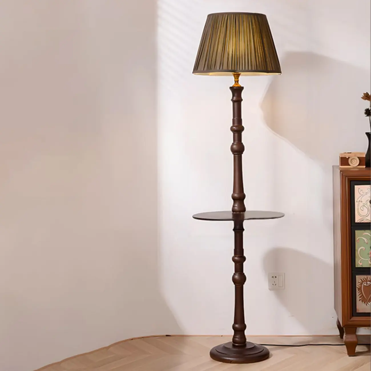 Elegant Wooden Floor Lamp with Shelf and Fabric Shade Image - 3 | homeyfad
