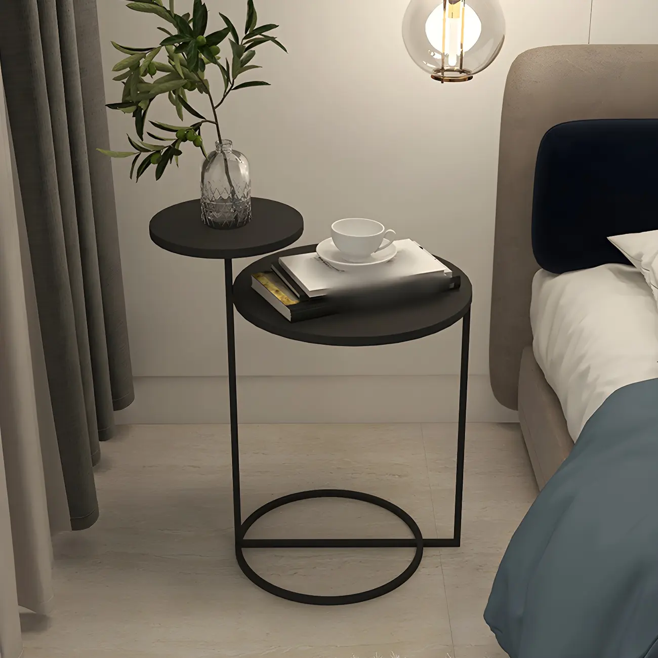 Minimalist Round Metal Bedside Table in Black without Storage Image - 4 | homeyfad