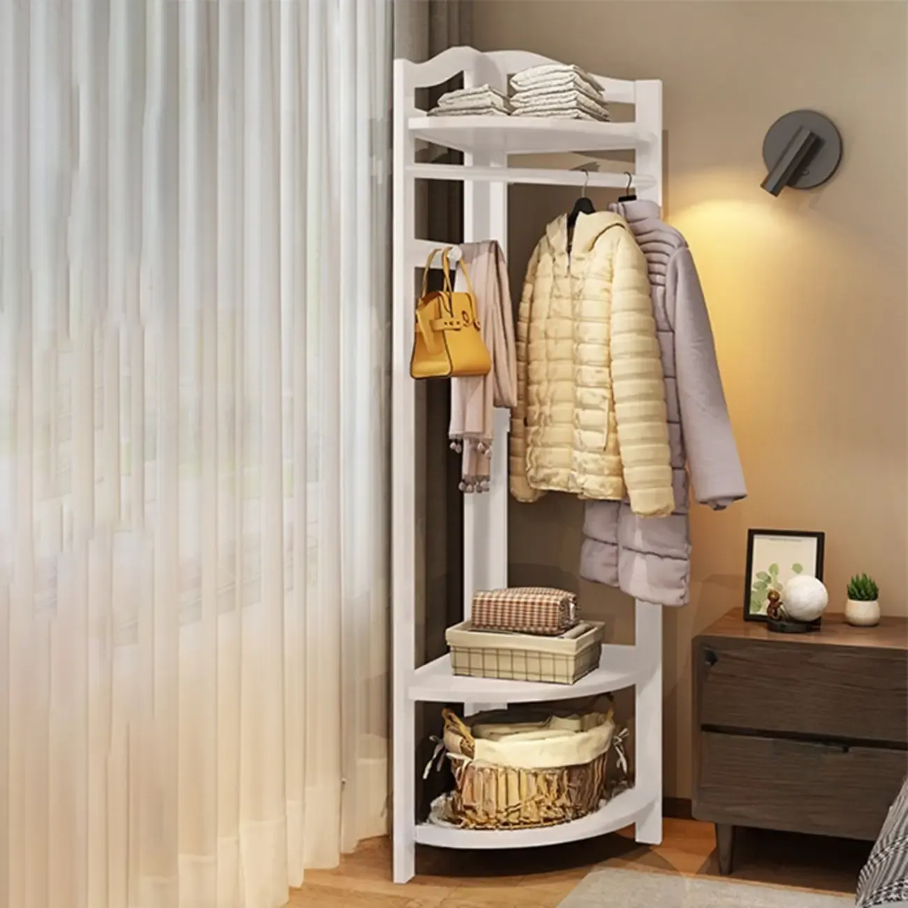 Modern Wooden Corner Coat Rack with Shelves and Hooks Image - 3