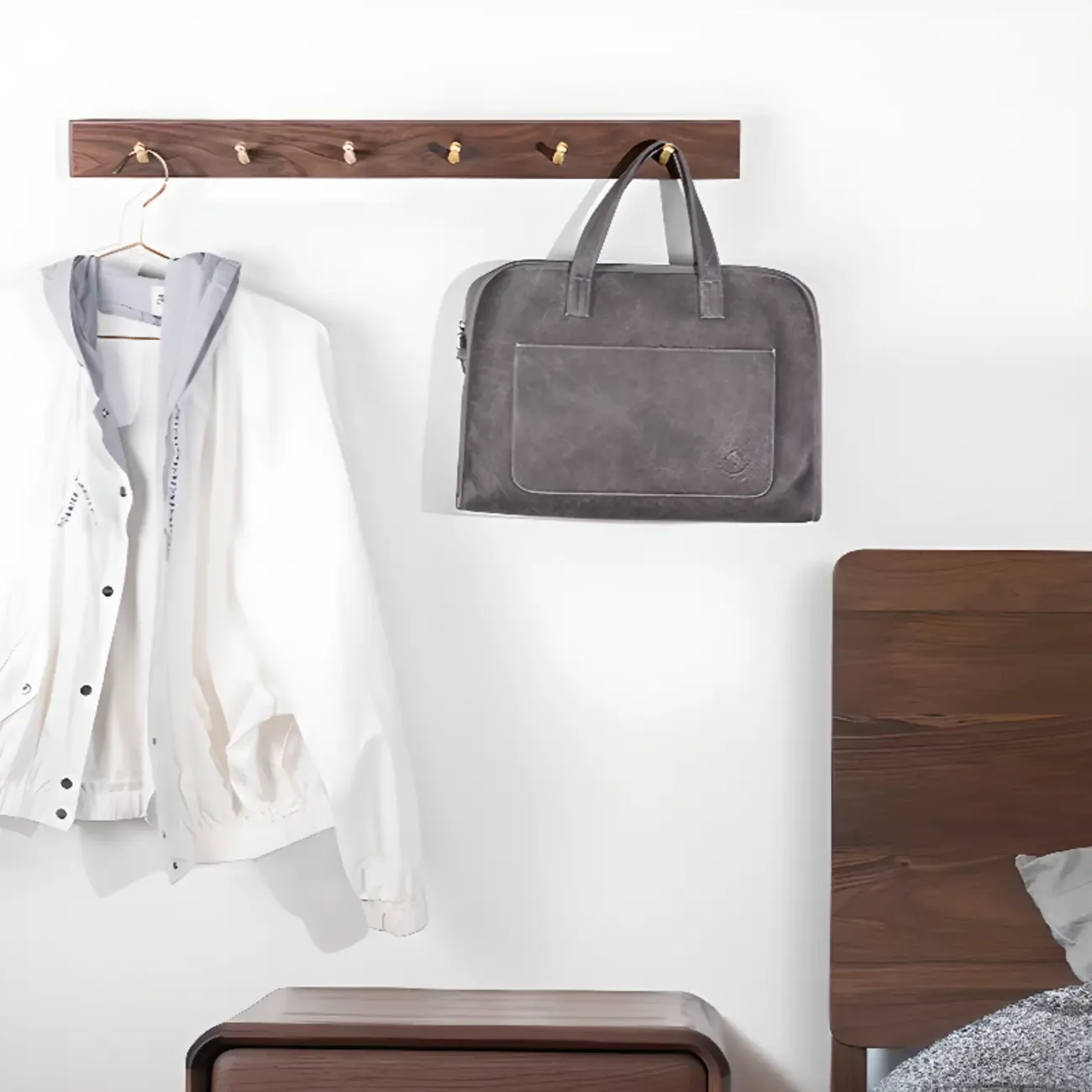 Rustic Wooden Brown Wall-Mounted Coat Rack with Shelves Image - 7