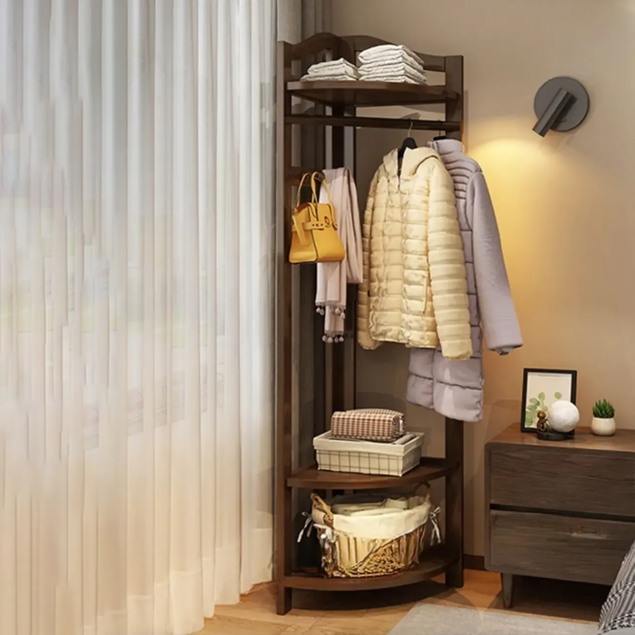 Modern Wooden Corner Coat Rack with Shelves and Hooks Image - 4