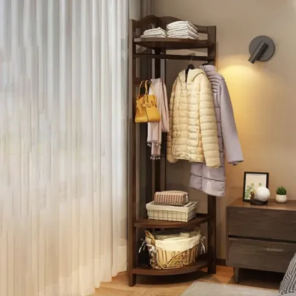 Modern Wooden Corner Coat Rack with Shelves and Hooks Image - 4