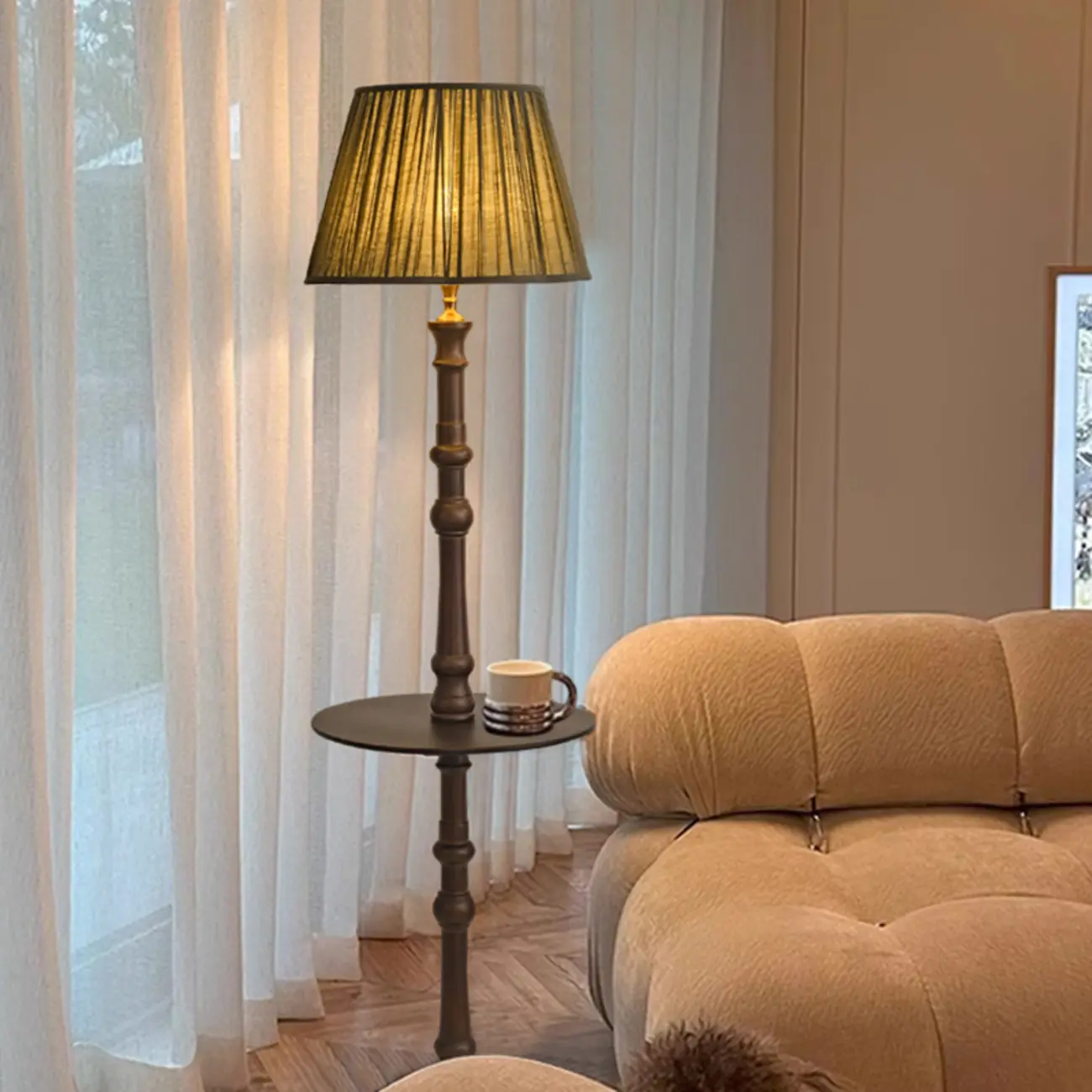 Elegant Wooden Floor Lamp with Shelf and Fabric Shade Image - 4 | homeyfad