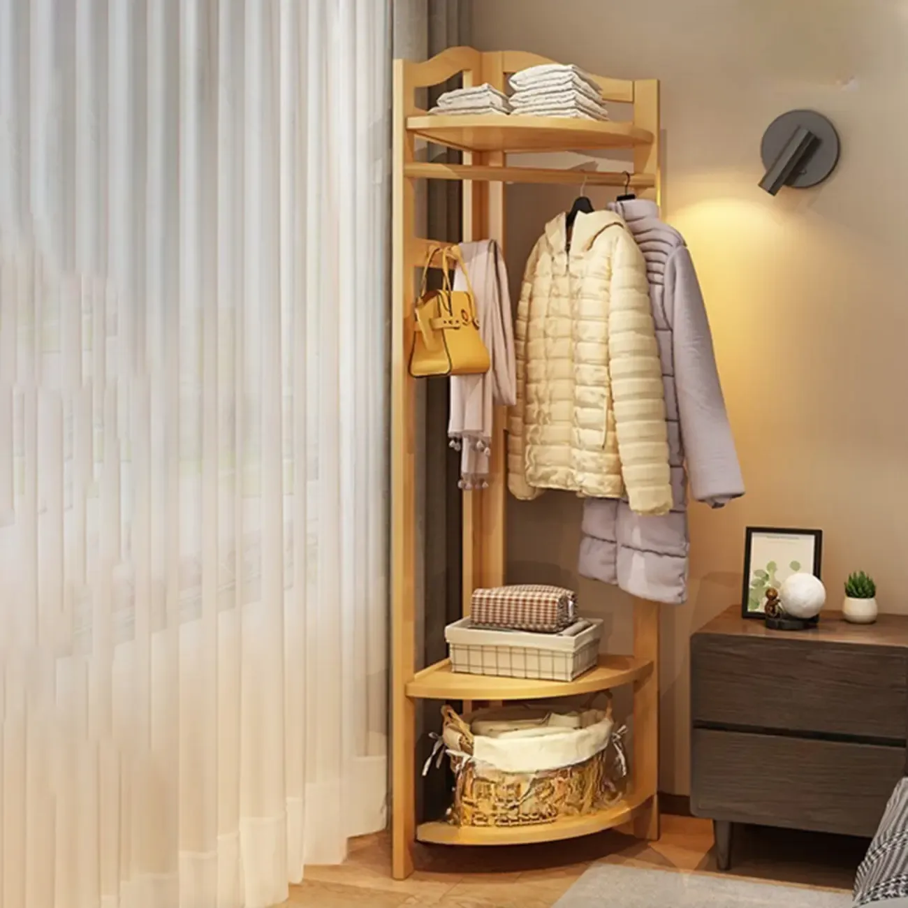 Modern Wooden Corner Coat Rack with Shelves and Hooks Image - 5