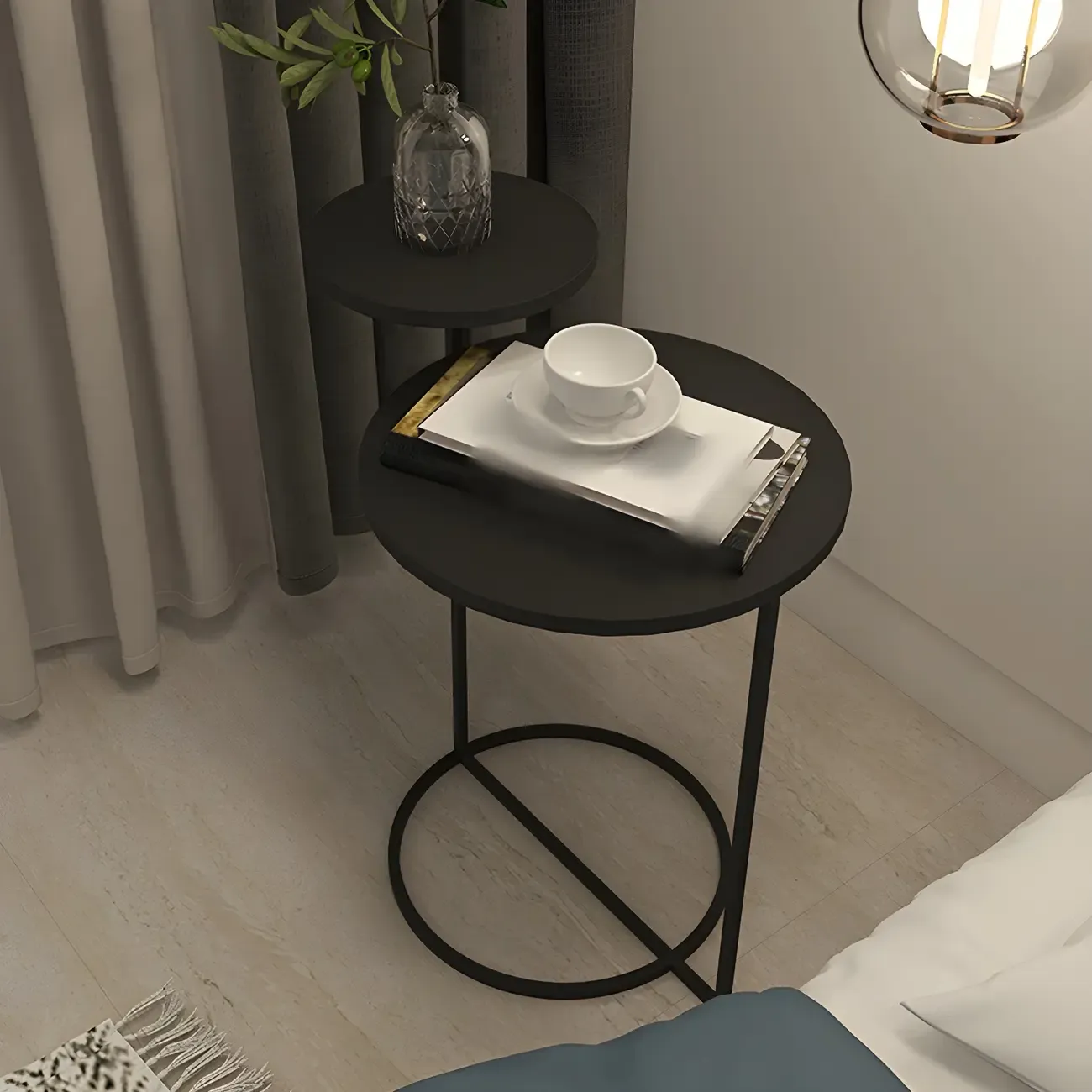 Minimalist Round Metal Bedside Table in Black without Storage Image - 6