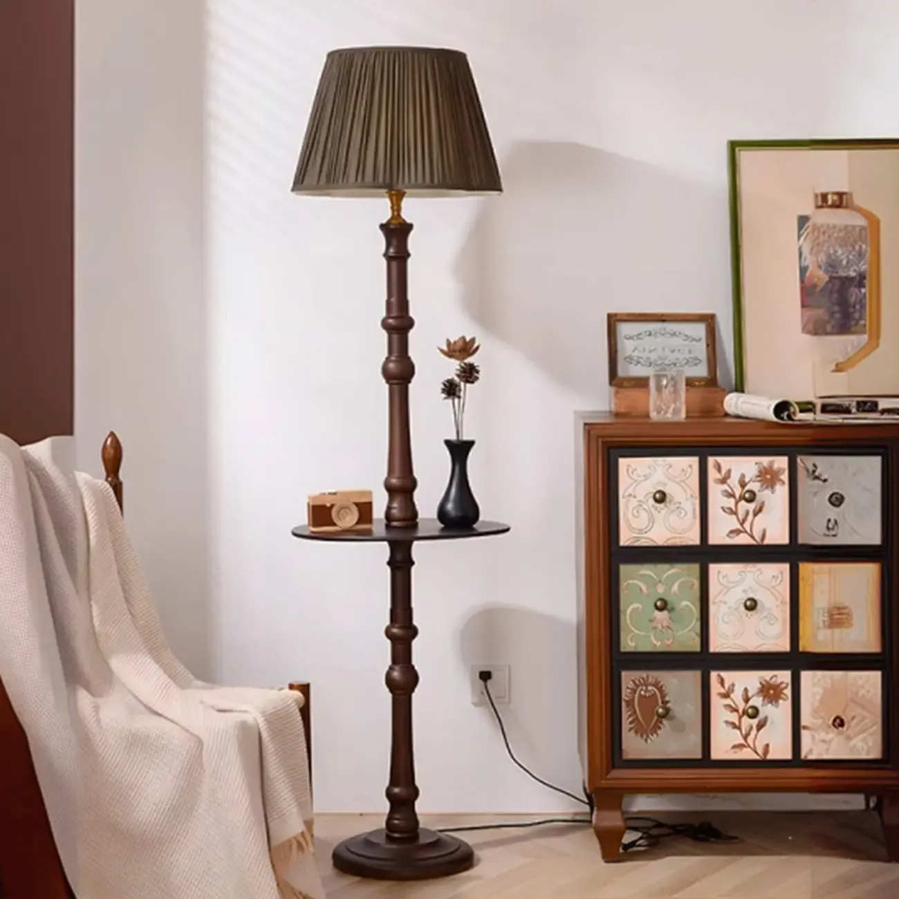 Elegant Wooden Floor Lamp with Shelf and Fabric Shade Image - 5