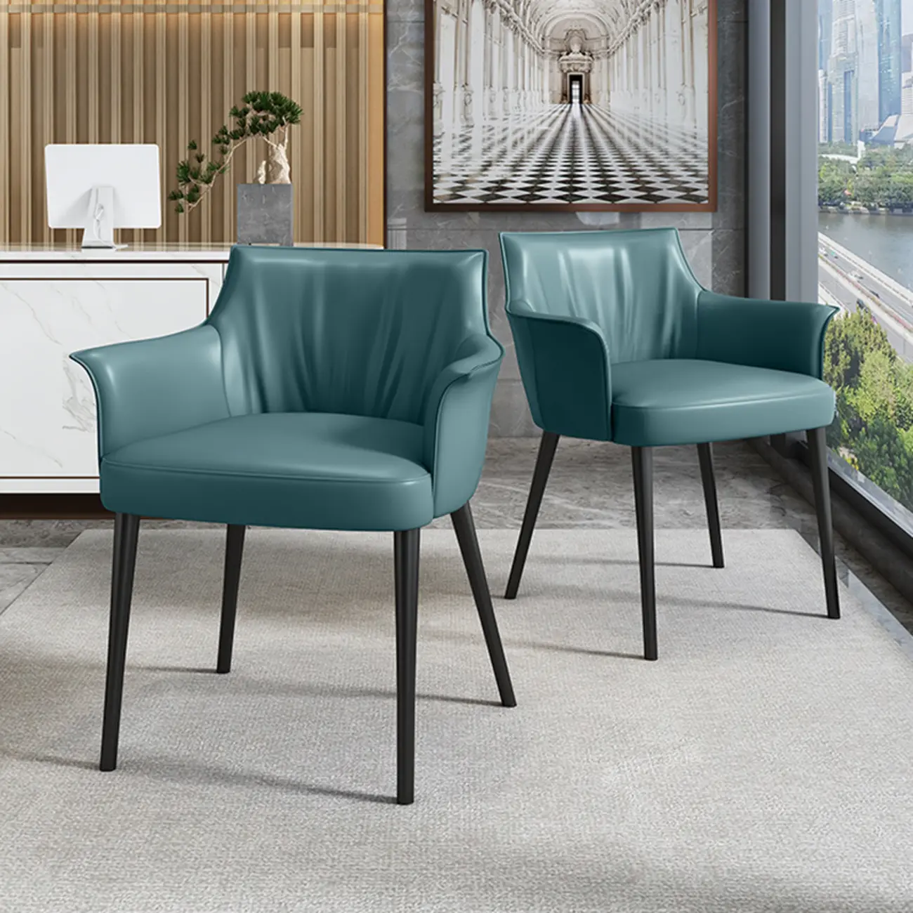 Modern Faux Leather Upholstered Armed Metal Dining Chair Image - 2 | homeyfad