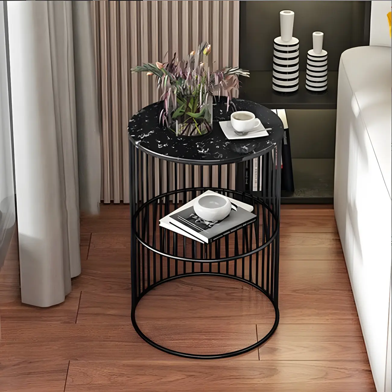 Modern Metal Bedside Table with Open Shelf in Cylindrical Shape Image - 1 | homeyfad