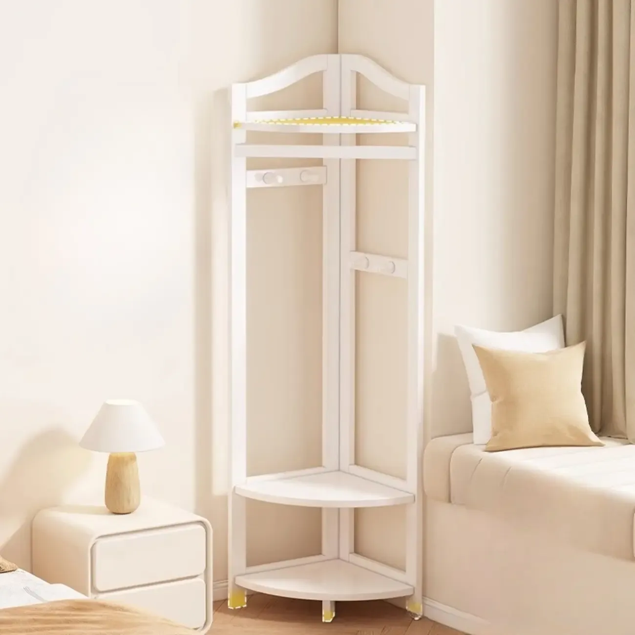 Modern Wooden Corner Coat Rack with Shelves and Hooks Image - 6