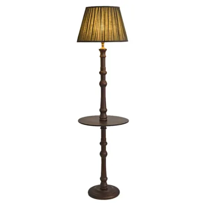 Elegant Wooden Floor Lamp with Shelf and Fabric Shade Image - 7