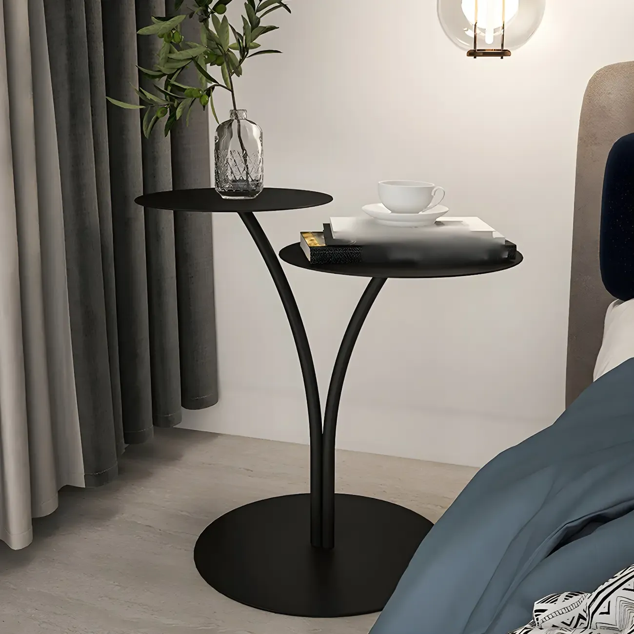 Minimalist Round Metal Bedside Table in Black without Storage Image - 8