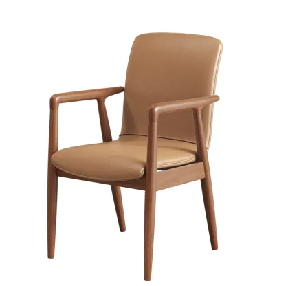 Modern Wood Faux Leather Upholstered Dining Armchair Image - 6