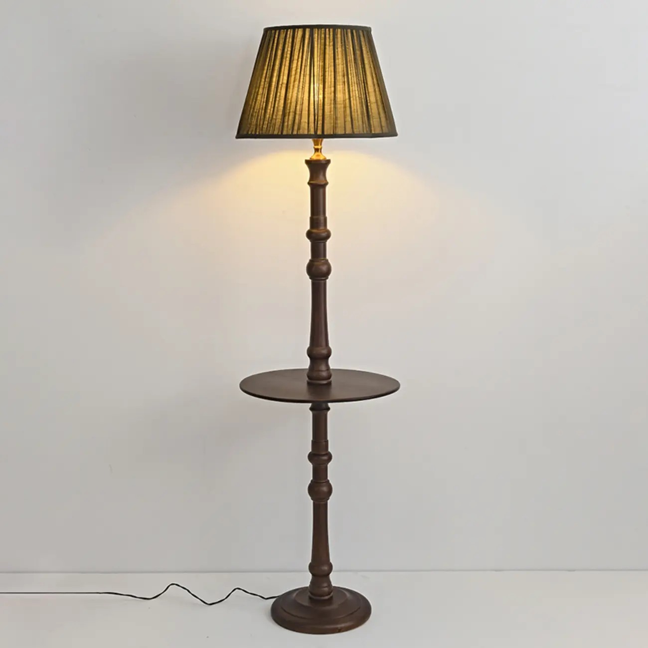 Elegant Wooden Floor Lamp with Shelf and Fabric Shade Image - 8 | homeyfad