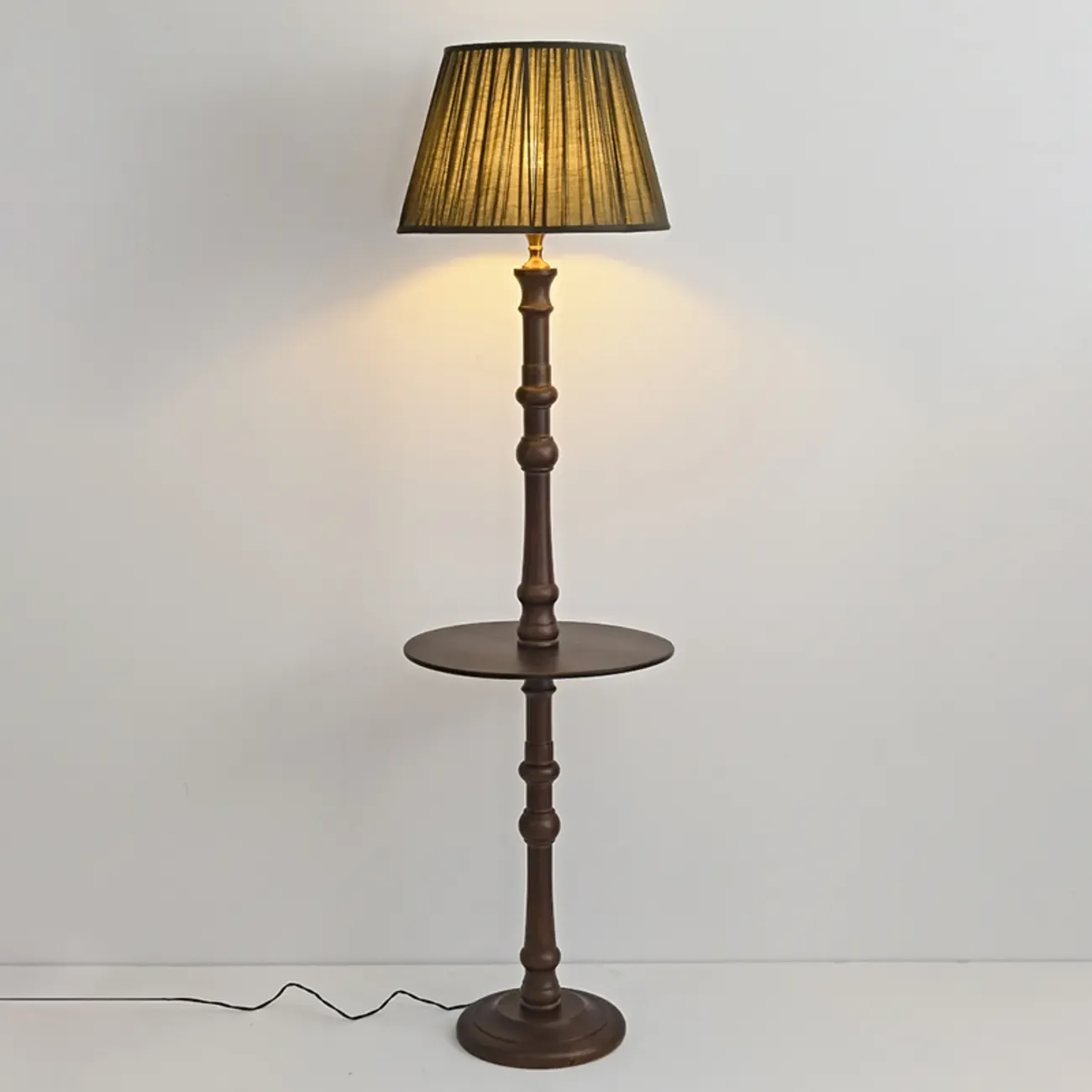 Elegant Wooden Floor Lamp with Shelf and Fabric Shade Image - 8