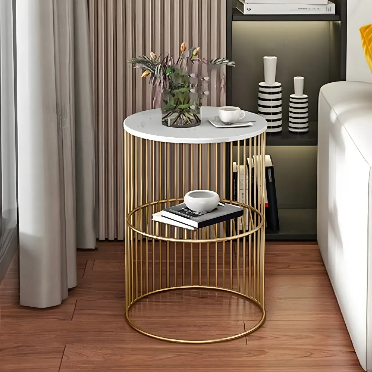 Modern Metal Bedside Table with Open Shelf in Cylindrical Shape Image - 4