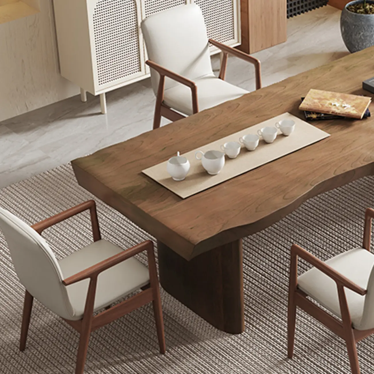 Modern Wood Faux Leather Upholstered Dining Armchair Image - 7 | homeyfad