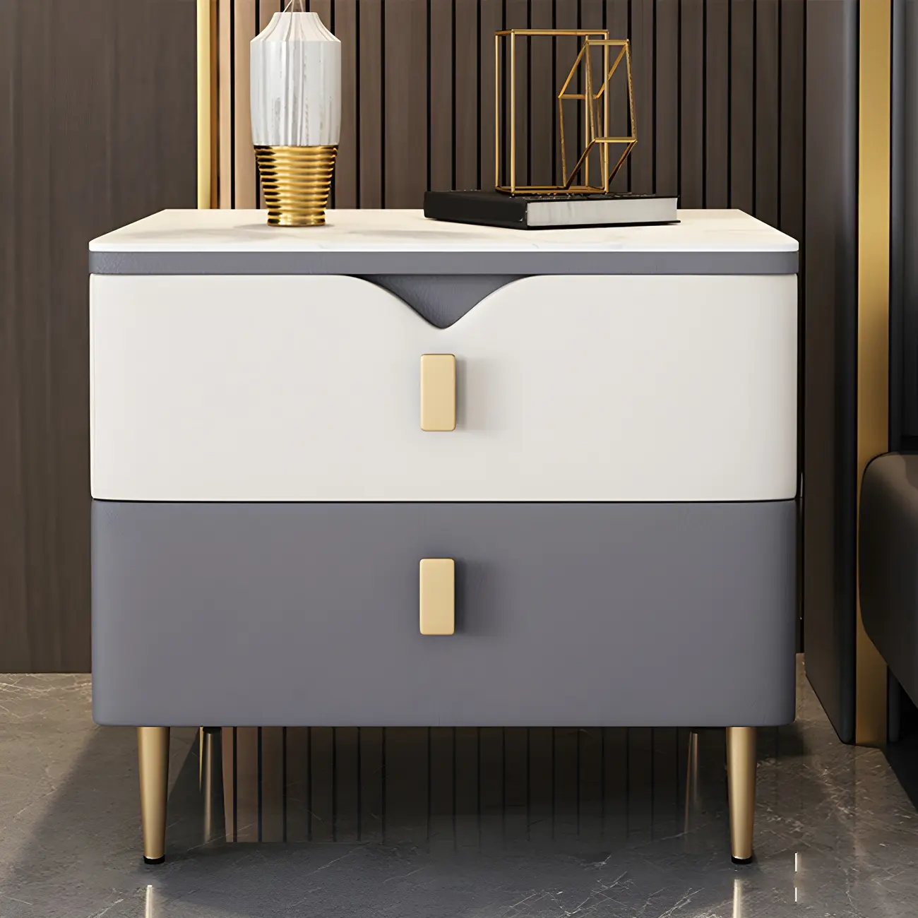 Modern Wooden Color Block Bedside Table with Stone Top 2 Drawers Image - 1 | homeyfad