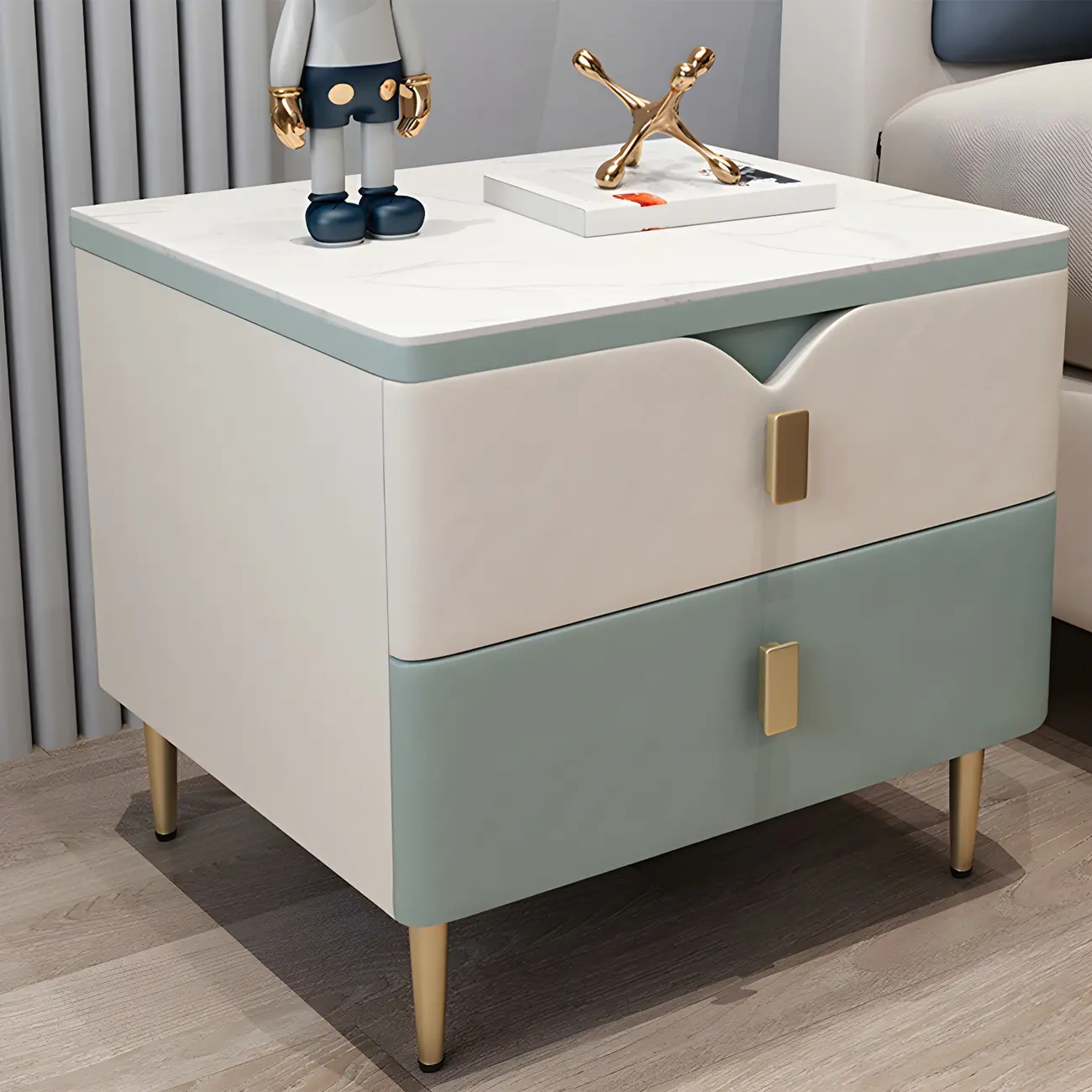 Modern Wooden Color Block Bedside Table with Stone Top 2 Drawers Image - 2 | homeyfad