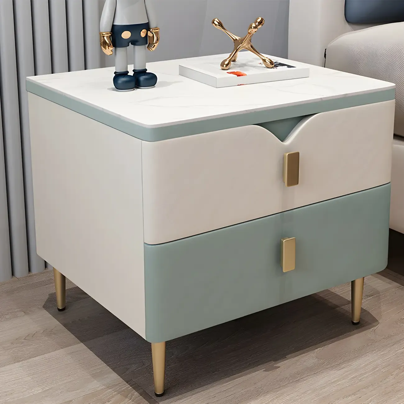 Modern Wooden Color Block Bedside Table with Stone Top 2 Drawers Image - 2