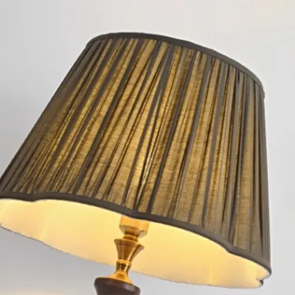 Elegant Wooden Floor Lamp with Shelf and Fabric Shade Image - 11
