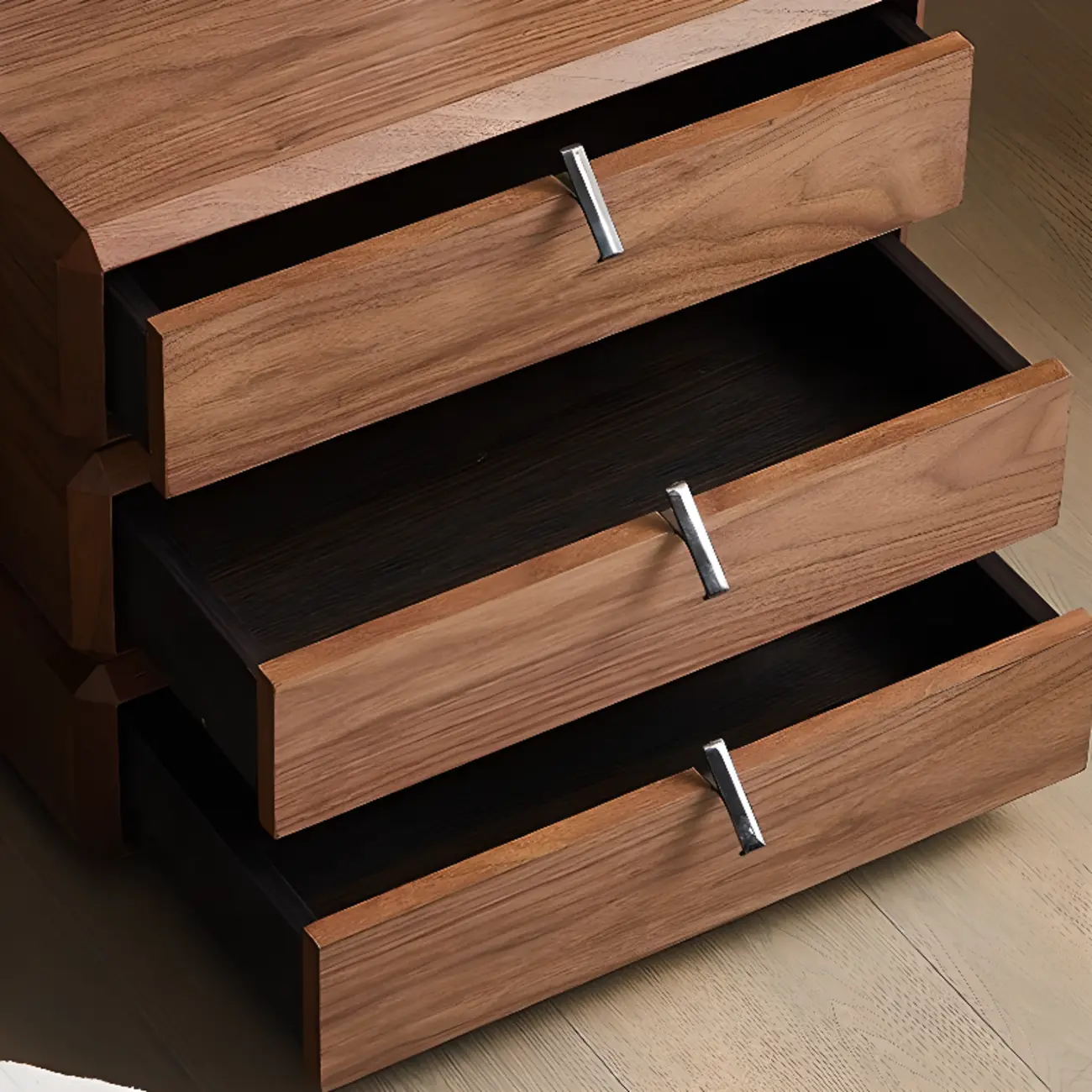 Modern Dark Walnut Wood Bedside Table with 3 Drawers Image - 10 | homeyfad