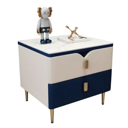 Modern Wooden Color Block Bedside Table with Stone Top 2 Drawers Image - 3
