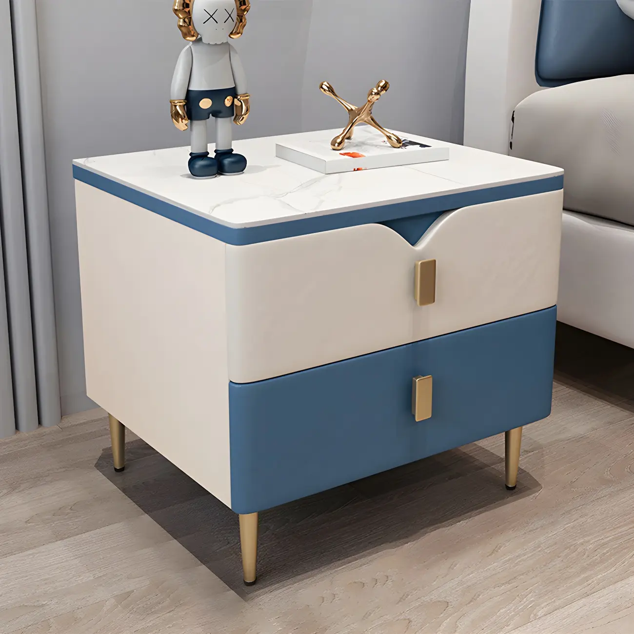 Modern Wooden Color Block Bedside Table with Stone Top 2 Drawers Image - 4 | homeyfad