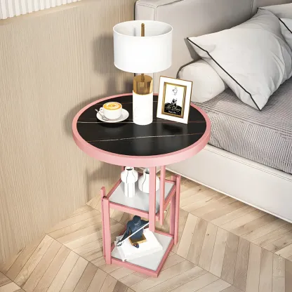 Simplistic Metal Round Nightstand with Open Cubby Marble Top Image - 1