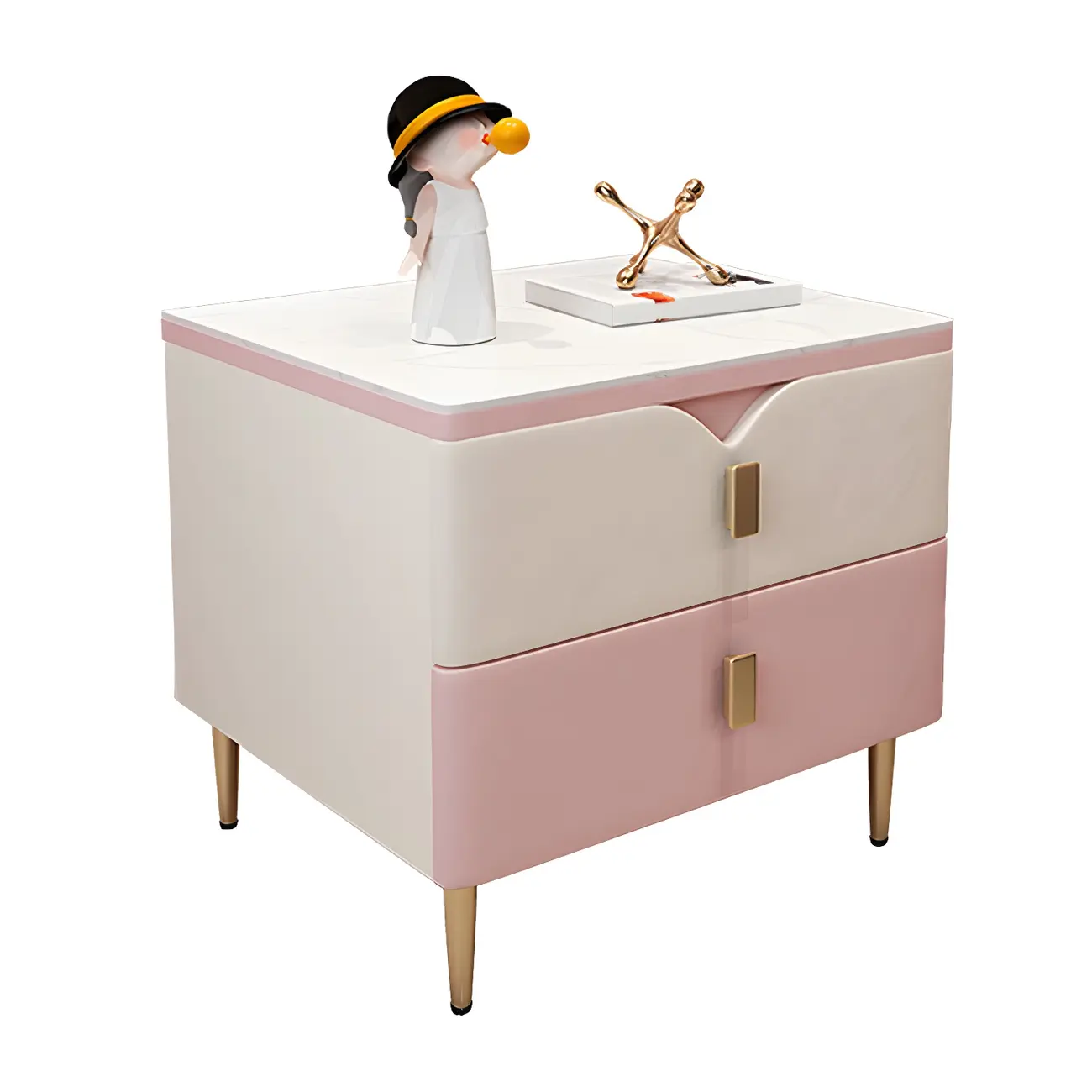 Modern Wooden Color Block Bedside Table with Stone Top 2 Drawers Image - 5 | homeyfad